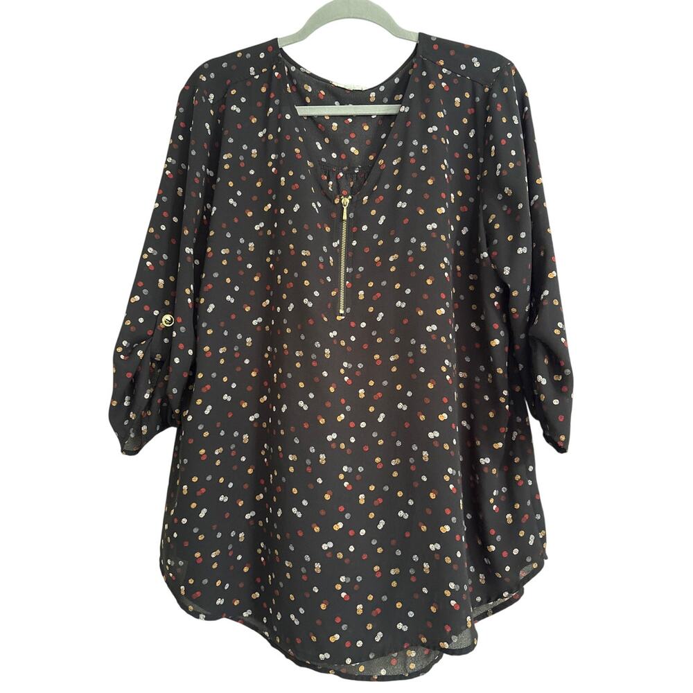 Maurices Quarter Zip Roll Tab Blouse, Black with Polka Dots, Women's XL